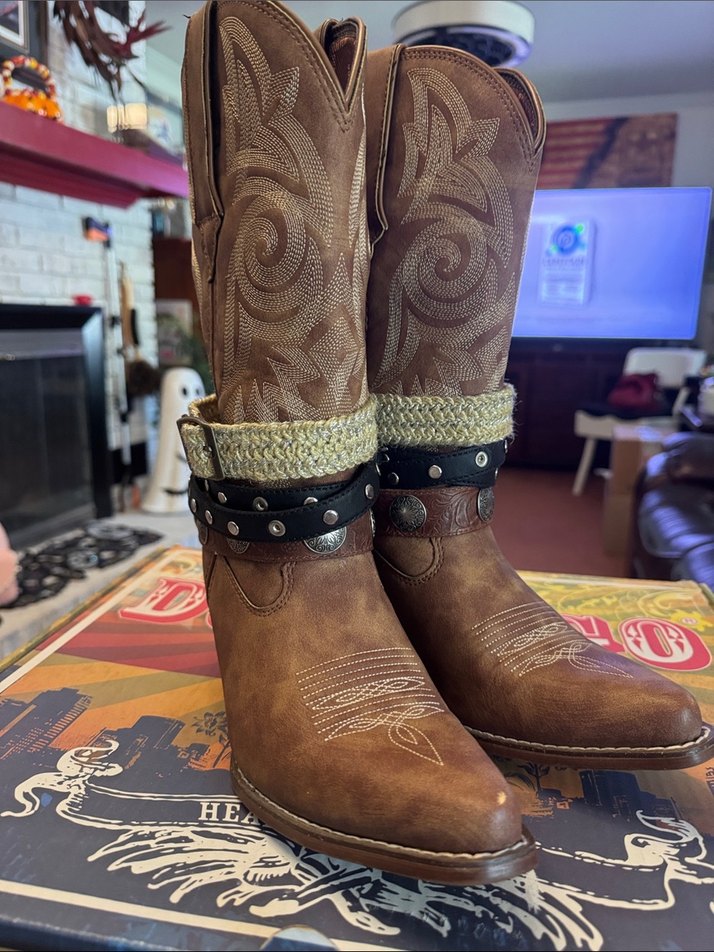 Durango Brown Western Embroidered Mid-Calf Boots with Studded Strap